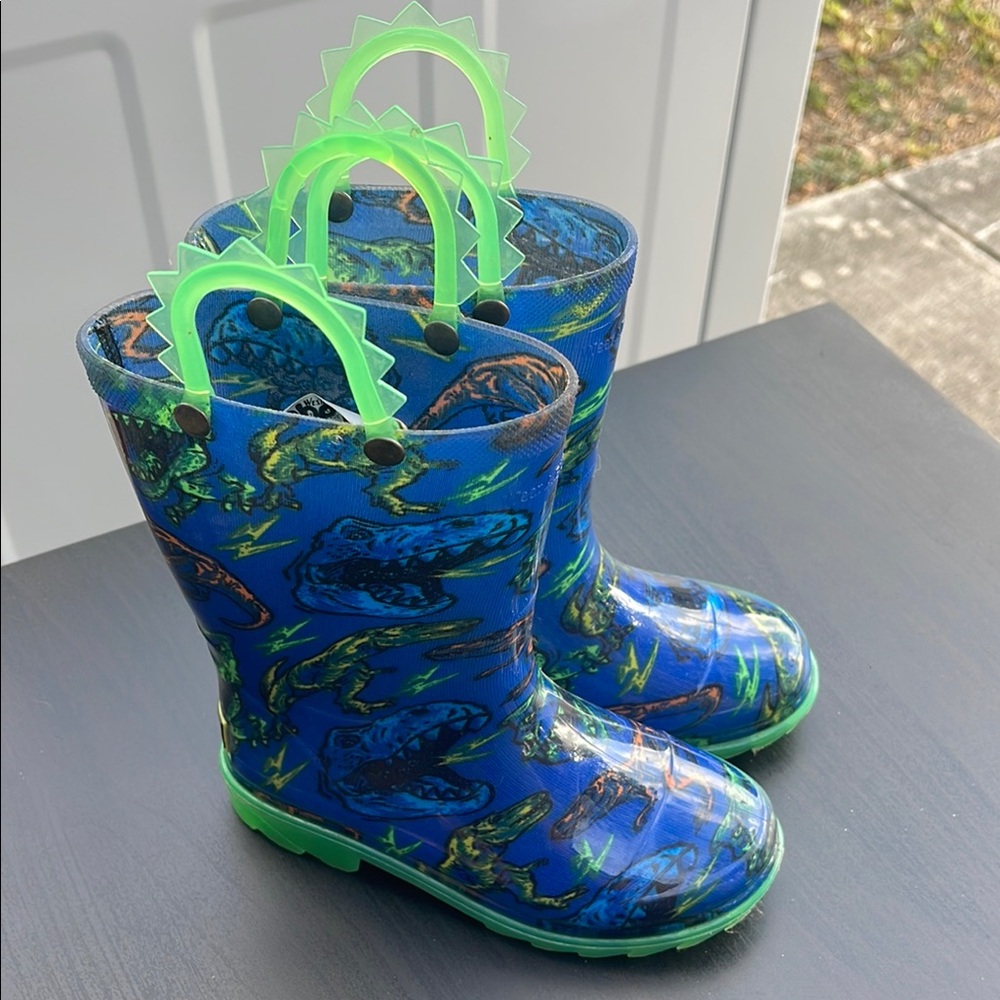 Kids Blue Dinosaur Rain Boots with Green Handles